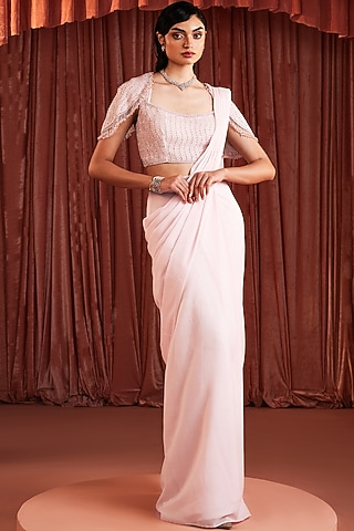 Baby Pink Metallic Georgette Embroidered Draped Saree Set by AKARA
