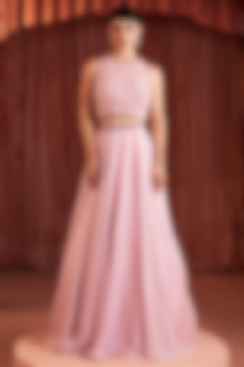 Blush Pink Metallic Georgette A-Line Skirt Set by AKARA at Pernia's Pop Up Shop