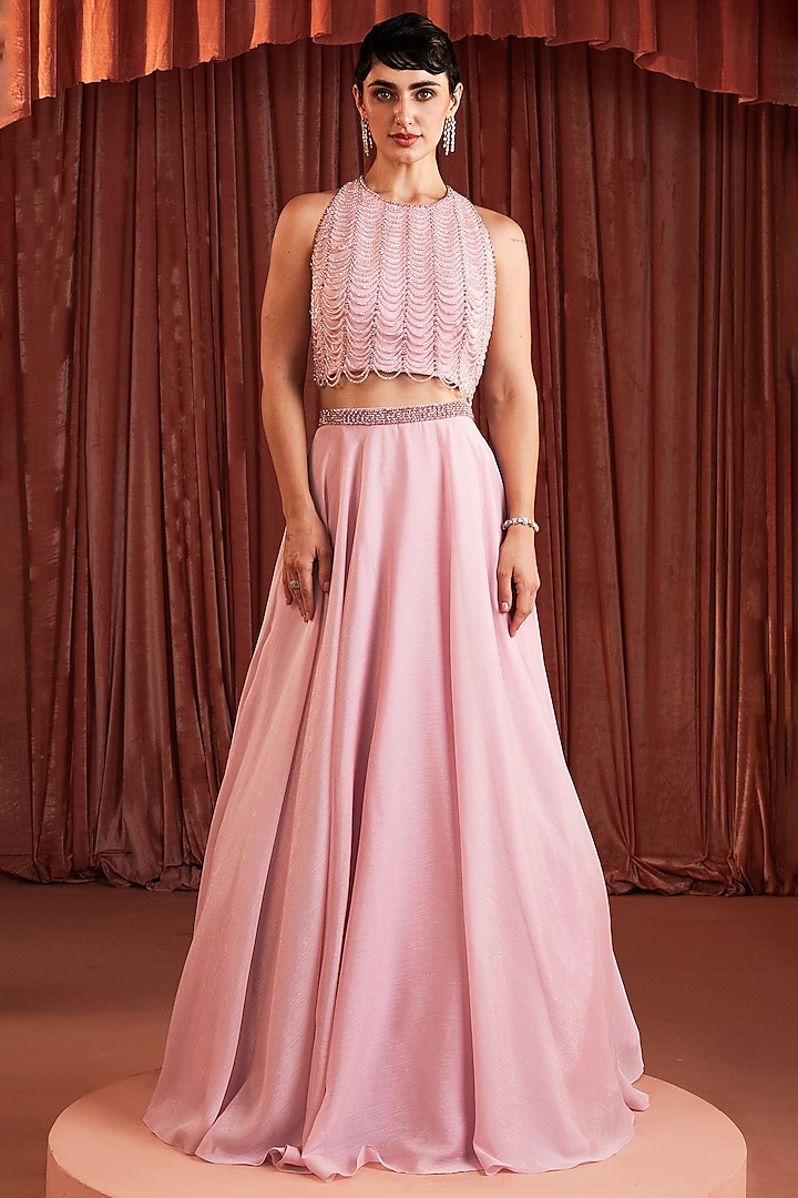 Blush Pink Metallic Georgette A-Line Skirt Set by AKARA at Pernia's Pop Up Shop