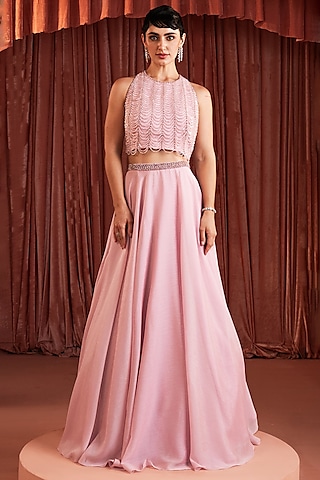 Blush Pink Metallic Georgette A-Line Skirt Set by AKARA