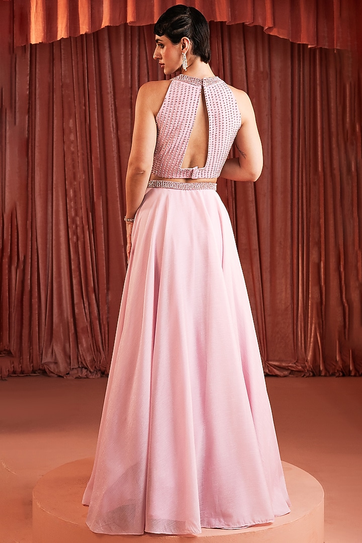 Blush Pink Metallic Georgette A-Line Skirt Set by AKARA at Pernia's Pop Up Shop