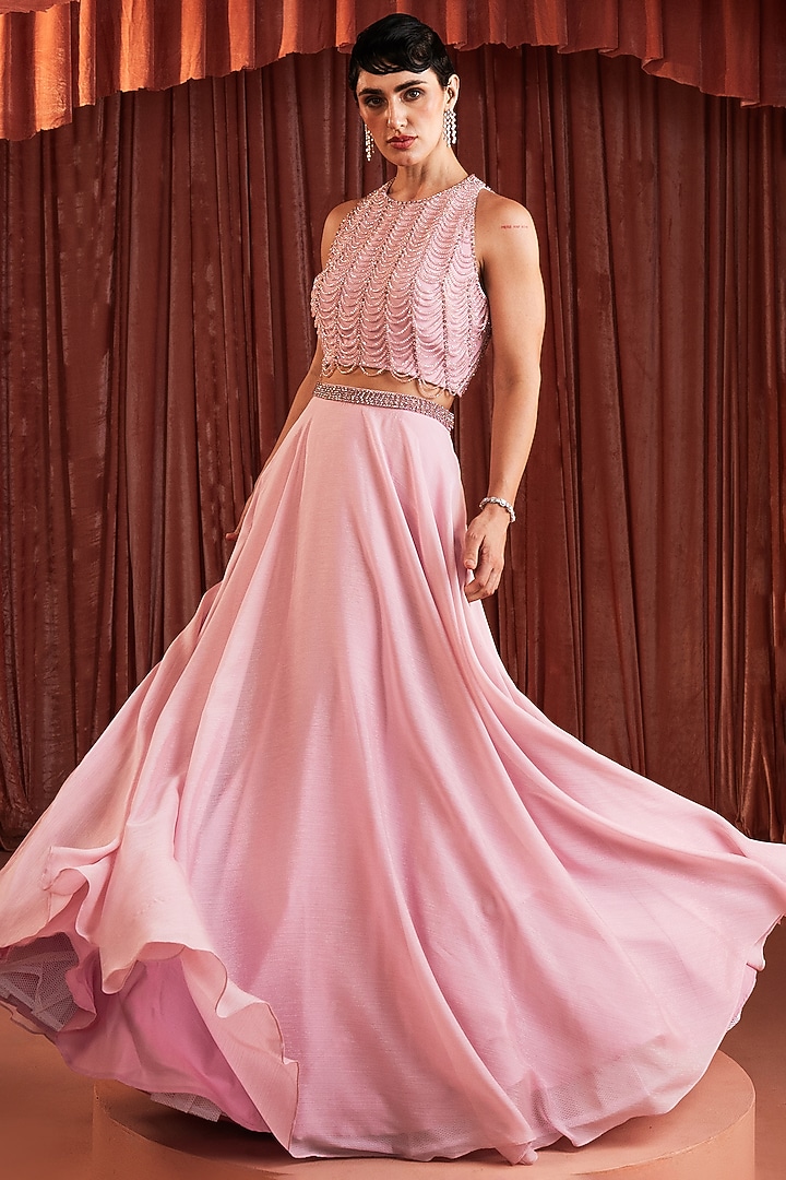 Blush Pink Metallic Georgette A-Line Skirt Set by AKARA at Pernia's Pop Up Shop