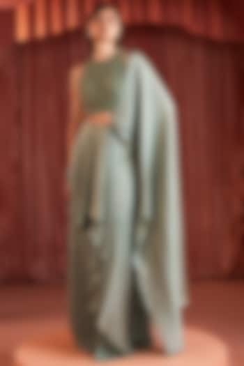 Sage Green Wave Satin Draped Wedding Saree by AKARA at Pernia's Pop Up Shop