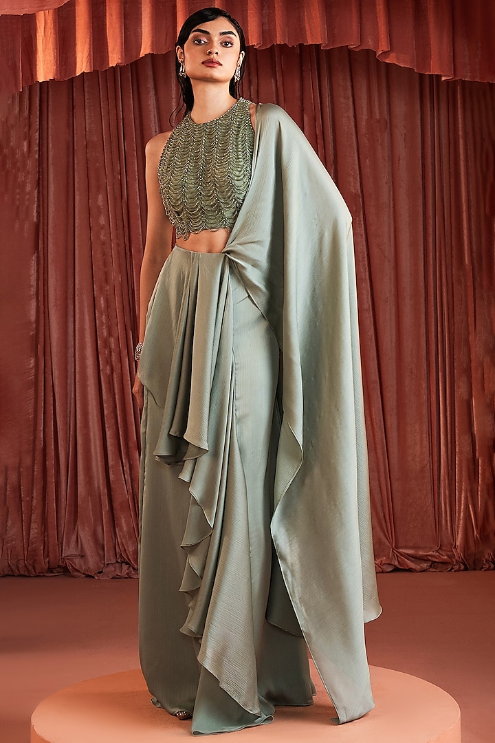 Sage Green Wave Satin Draped Wedding Saree by AKARA at Pernia's Pop Up Shop