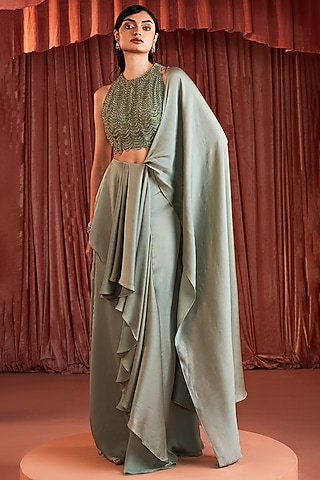 Sage Green Wave Satin Draped Saree by AKARA