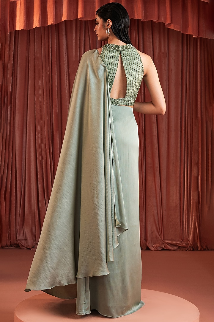 Sage Green Wave Satin Draped Wedding Saree by AKARA at Pernia's Pop Up Shop