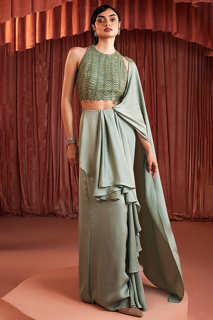 Sage Green Wave Satin Draped Wedding Saree by AKARA at Pernia's Pop Up Shop