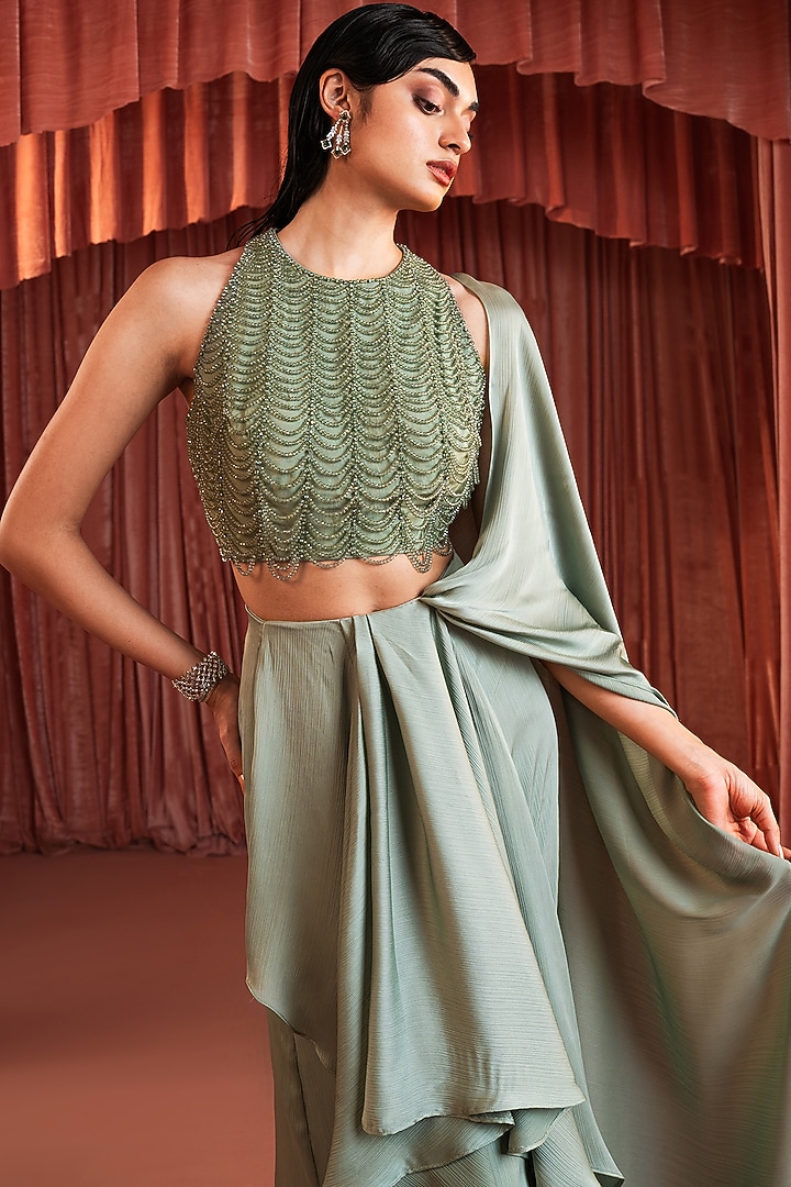 Sage Green Wave Satin Draped Wedding Saree by AKARA at Pernia's Pop Up Shop