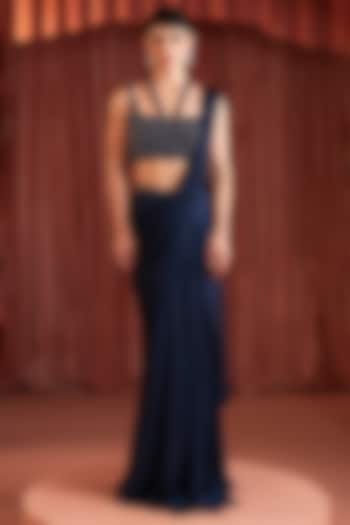 Midnight Blue Satin Draped Wedding Saree Set by AKARA at Pernia's Pop Up Shop