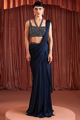 Midnight Blue Satin Draped Saree Set by AKARA