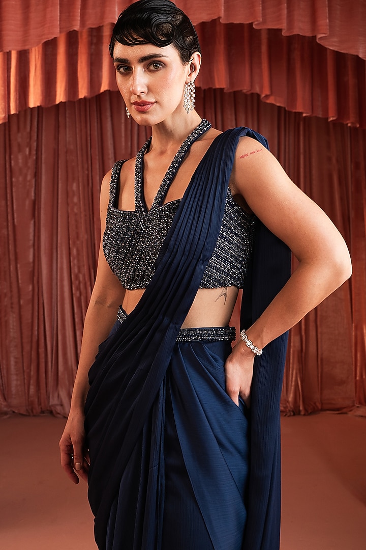 Midnight Blue Satin Draped Wedding Saree Set by AKARA at Pernia's Pop Up Shop