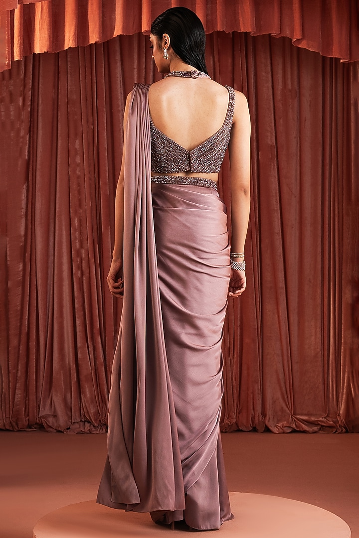 Mauve Wave Satin Draped Wedding Saree by AKARA at Pernia's Pop Up Shop