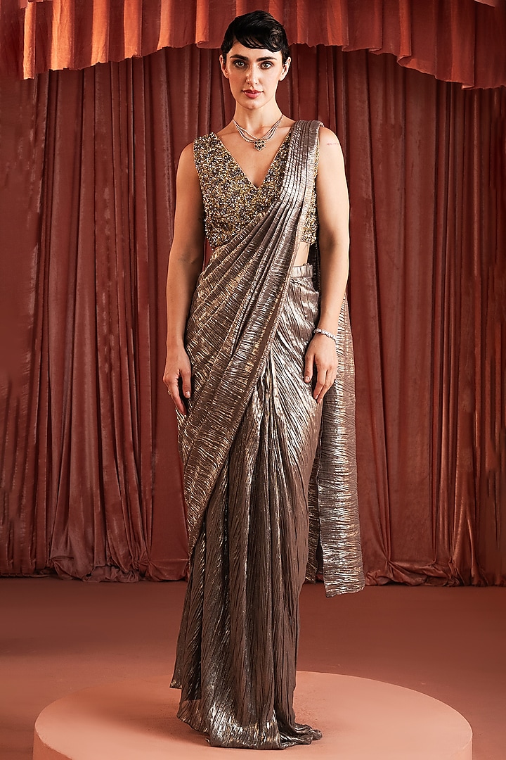 Silver & Gold Foil Georgette Pre-Draped Wedding Saree Set by AKARA at Pernia's Pop Up Shop