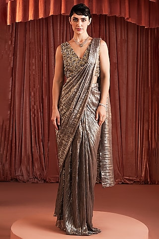 Silver & Gold Foil Georgette Pre-Draped Saree Set by AKARA