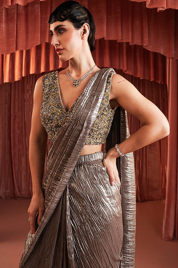 Silver & Gold Foil Georgette Pre-Draped Wedding Saree Set by AKARA at Pernia's Pop Up Shop