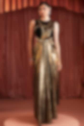 Black & Gold Crepe Blend Draped Wedding Saree by AKARA at Pernia's Pop Up Shop