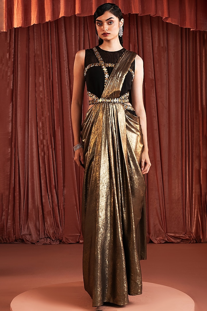 Black & Gold Crepe Blend Draped Wedding Saree by AKARA at Pernia's Pop Up Shop