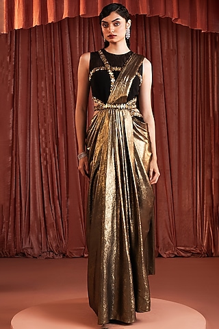 Black & Gold Crepe Blend Draped Saree by AKARA
