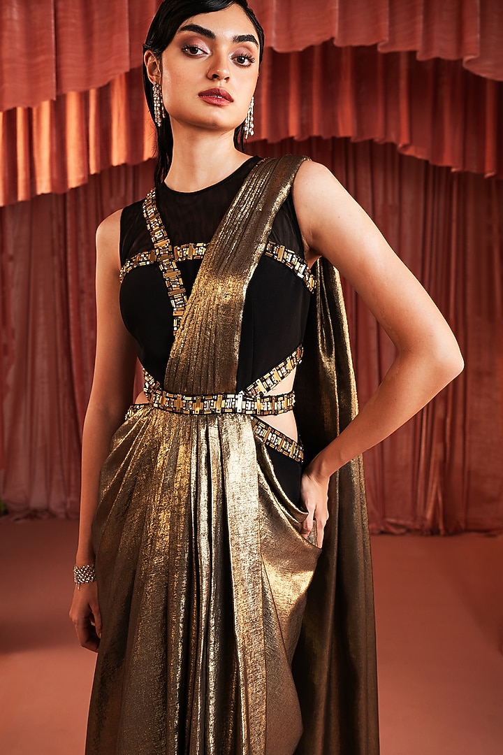 Black & Gold Crepe Blend Draped Wedding Saree by AKARA at Pernia's Pop Up Shop