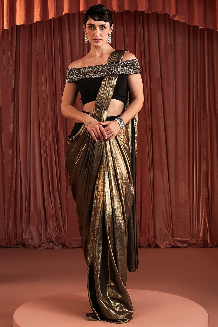 Black & Gold Foil Pant Wedding Saree Set by AKARA at Pernia's Pop Up Shop