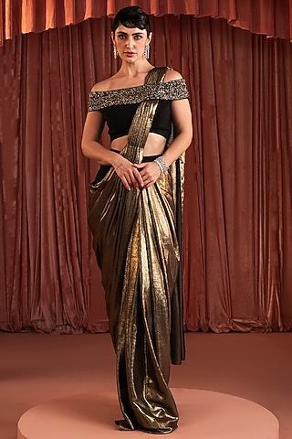 Black & Gold Foil Pant Saree Set by AKARA