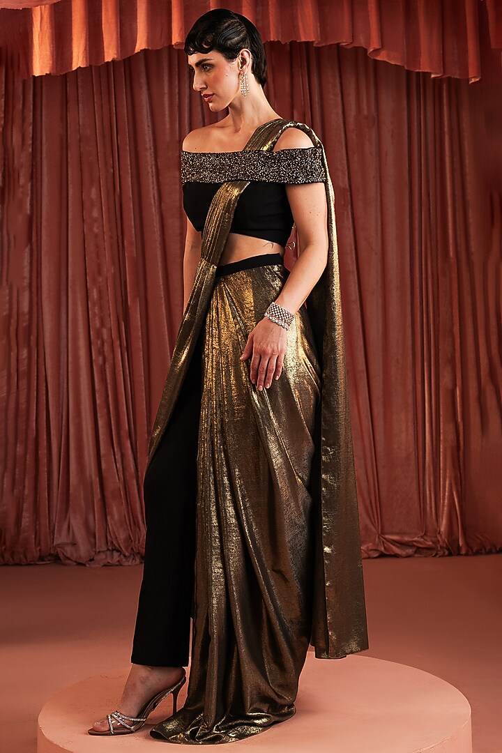 Black & Gold Foil Pant Wedding Saree Set by AKARA at Pernia's Pop Up Shop