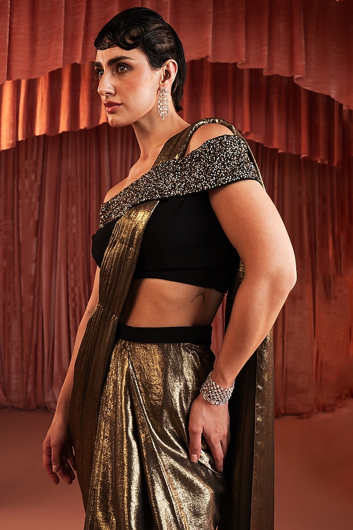 Black & Gold Foil Pant Wedding Saree Set by AKARA at Pernia's Pop Up Shop