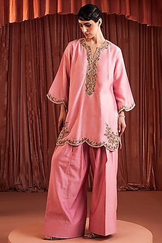 Blush Pink Chanderi Silk Handwork Kurta Set by AKARA