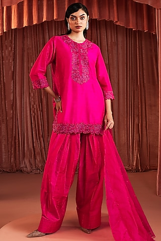 Hot Pink Raw Silk Handwork Kurta Set by AKARA