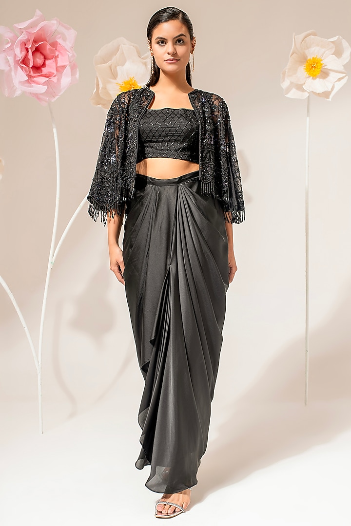 Black Organza Embellished Cape Set by AKARA at Pernia's Pop Up Shop