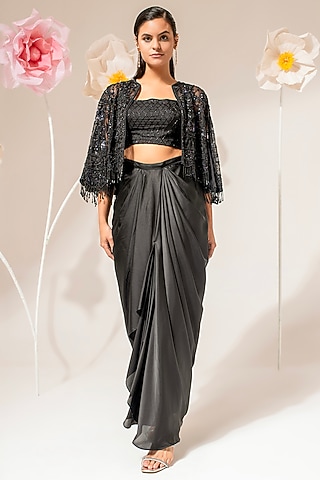 Black Organza Embellished Cape Set by AKARA
