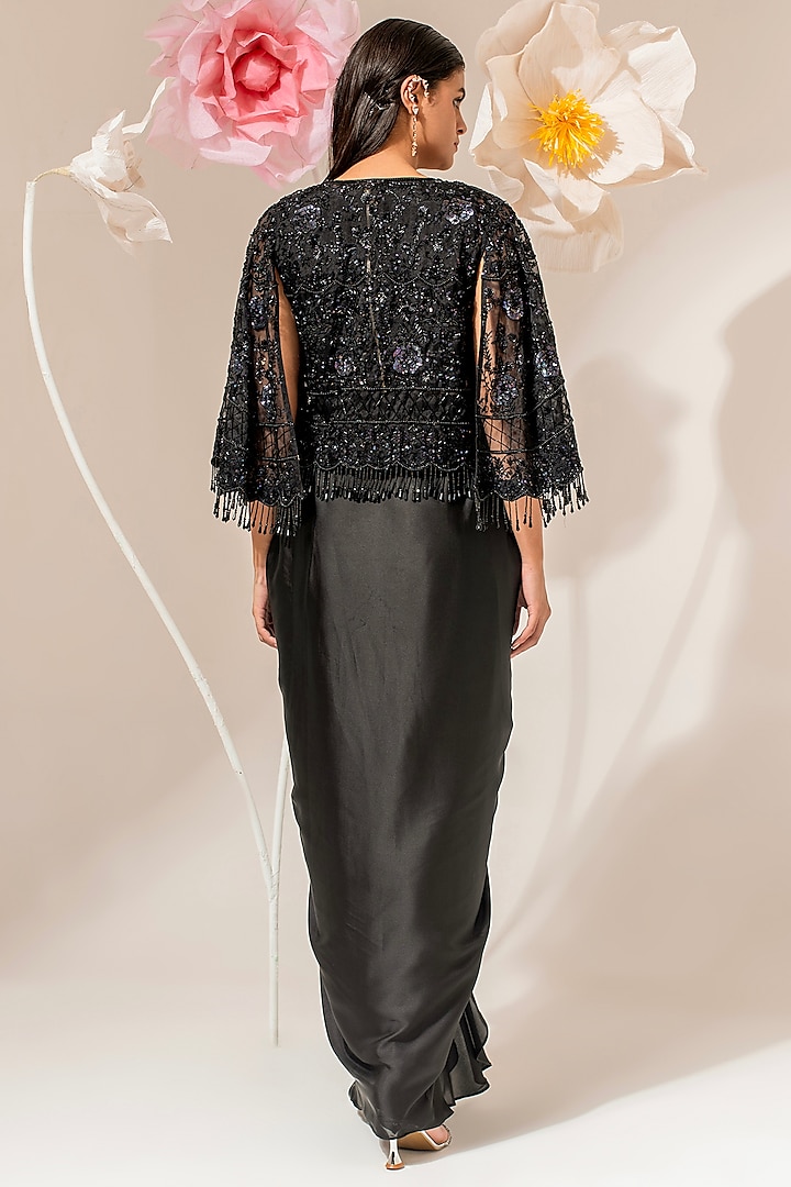 Black Organza Embellished Cape Set by AKARA at Pernia's Pop Up Shop