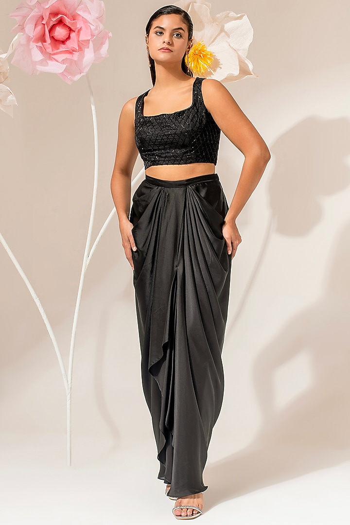Black Organza Embellished Cape Set by AKARA at Pernia's Pop Up Shop