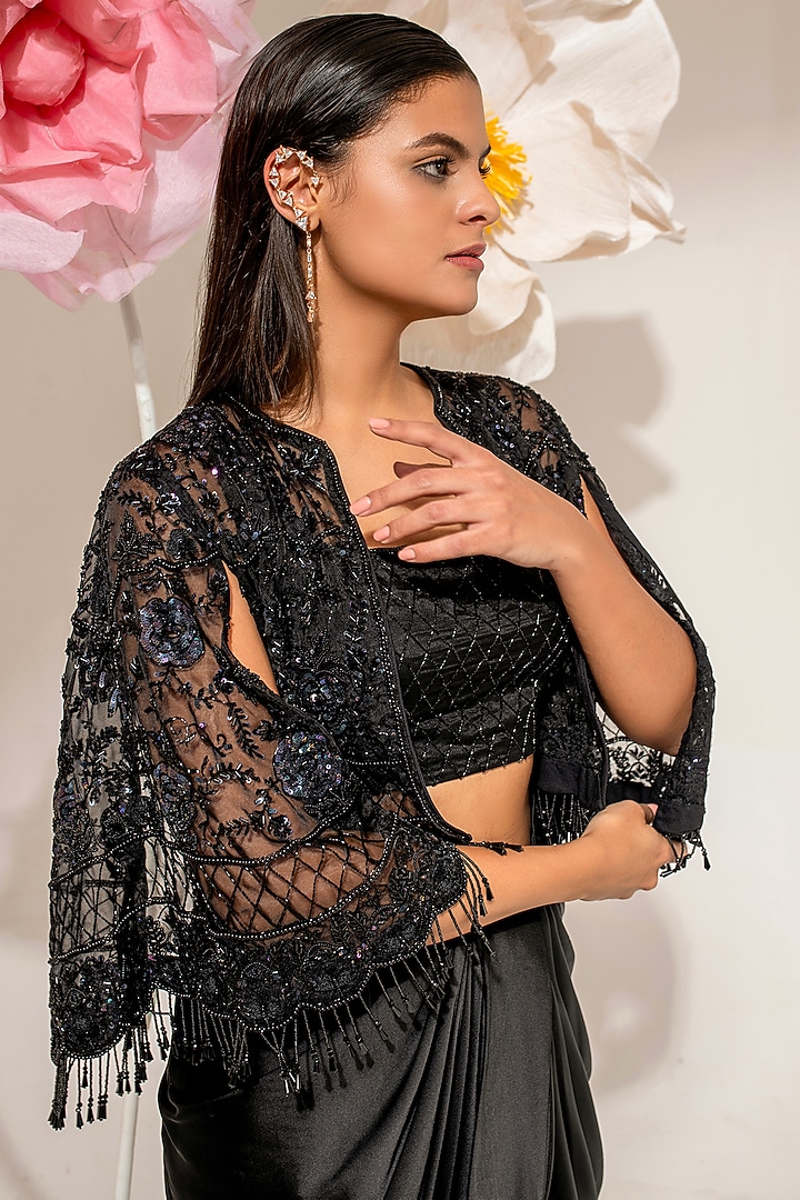 Black Organza Embellished Cape Set by AKARA at Pernia's Pop Up Shop