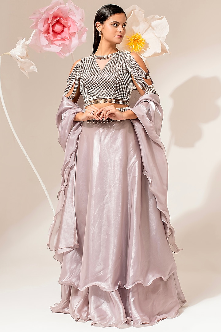 Lilac Fluid Organza Wedding Lehenga Set by AKARA at Pernia's Pop Up Shop