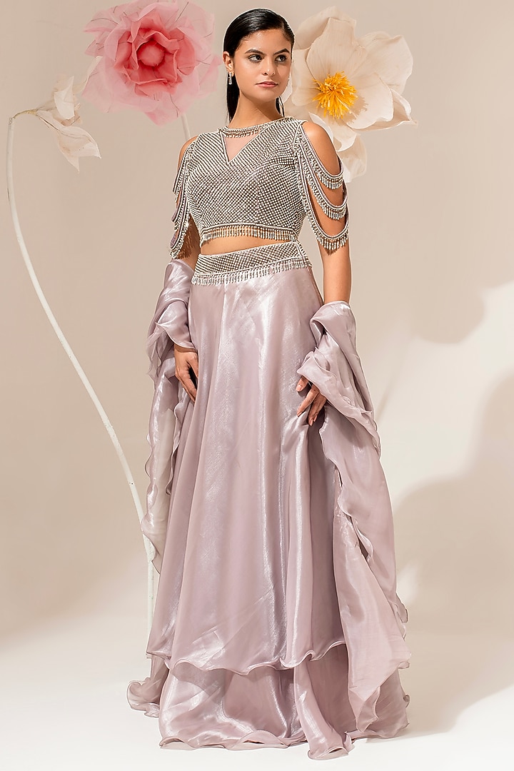 Lilac Fluid Organza Wedding Lehenga Set by AKARA at Pernia's Pop Up Shop