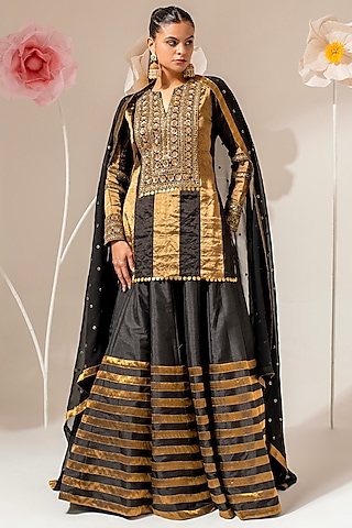 Black & Gold Silk Lehenga Set by AKARA