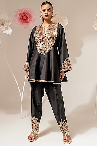 Black Dola Silk Embellished Kalidar Short Kurta Set by AKARA