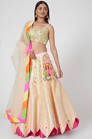 Beige & Mint Embroidered Lehenga Set by Avnni Kapur