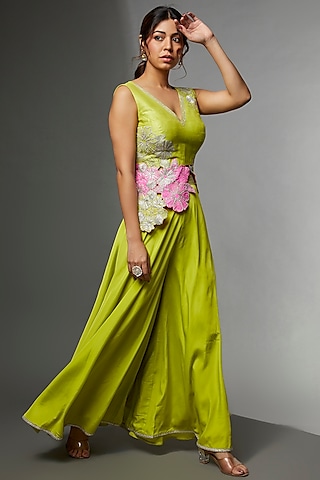 Lime Green Crepe & Silk Embroidered Sharara Set by Avnni Kapur