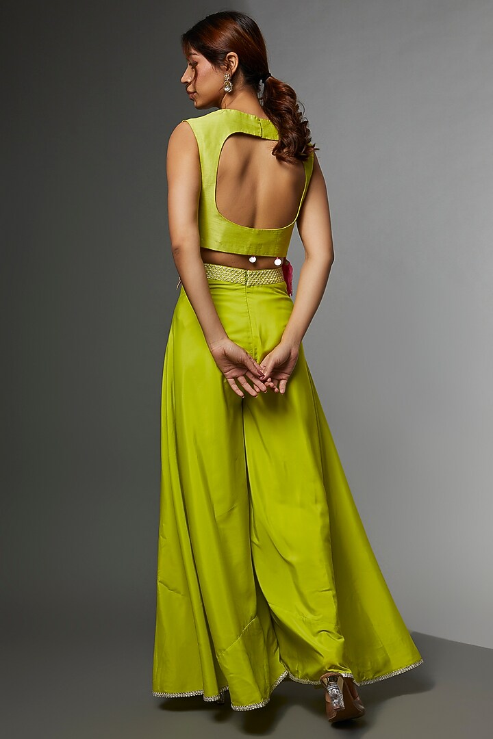 Lime Green Crepe & Silk Embroidered Party Wear Sharara Set by Avnni Kapur at Pernia's Pop Up Shop