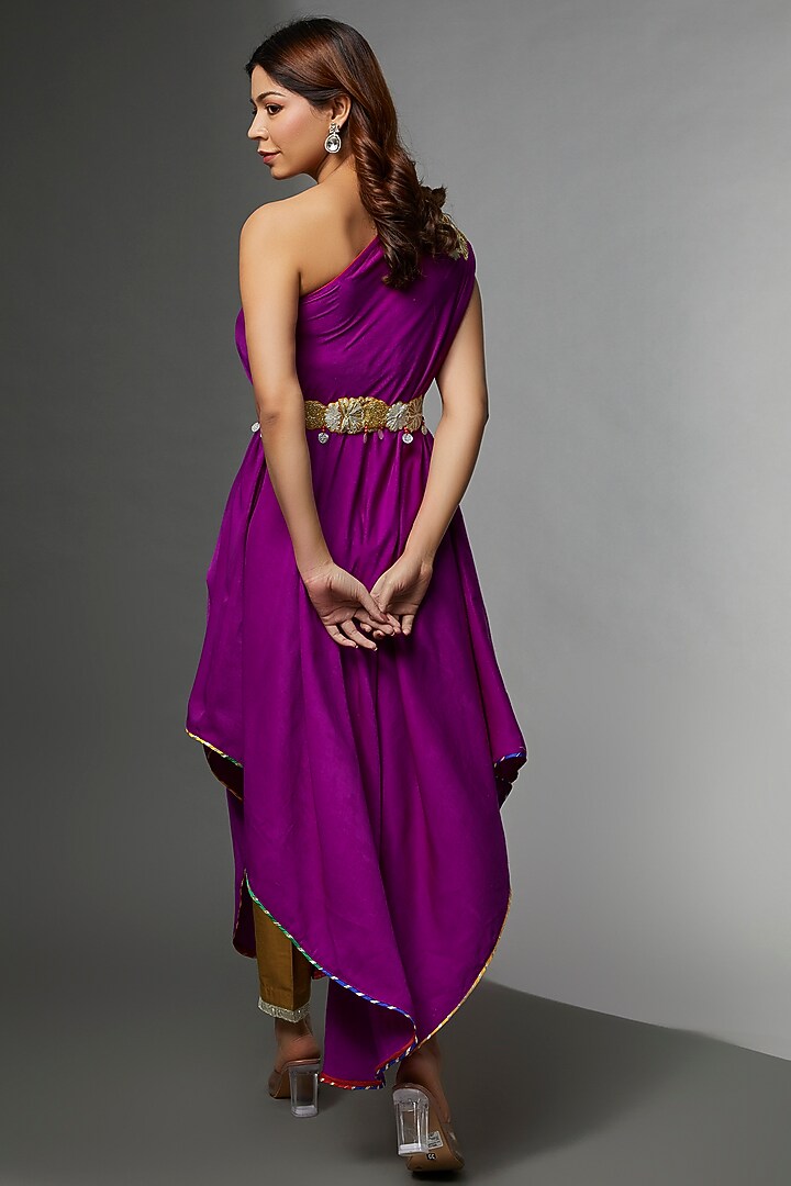 Purple Suede Satin Embroidered One-Shoulder Kurta Set by Avnni Kapur at Pernia's Pop Up Shop