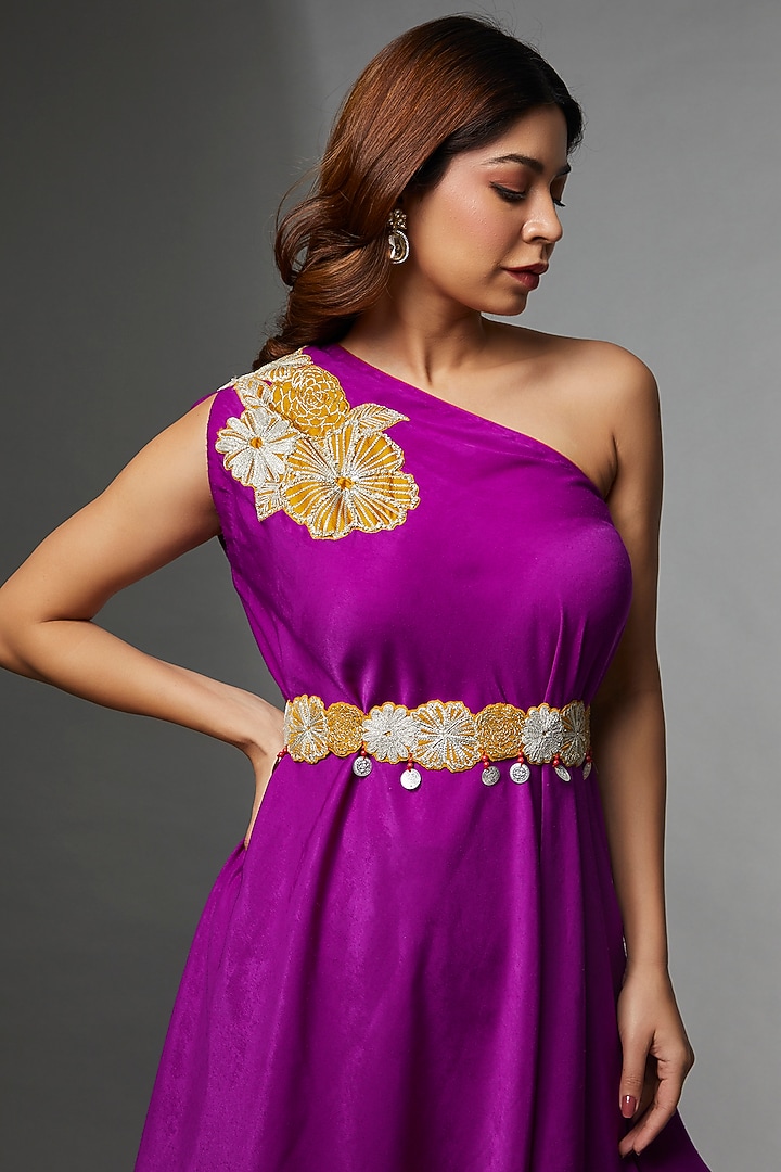 Purple Suede Satin Embroidered One-Shoulder Kurta Set by Avnni Kapur at Pernia's Pop Up Shop
