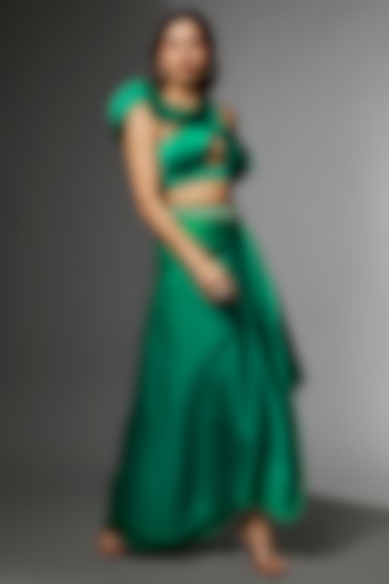 Emerald Green Satin Chiffon Embroidered Draped Skirt Set by Avnni Kapur