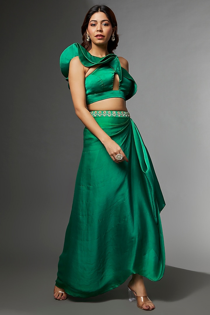 Emerald Green Satin Chiffon Embroidered Draped Skirt Set by Avnni Kapur