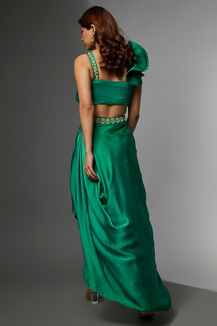 Emerald Green Satin Chiffon Embroidered Draped Skirt Set by Avnni Kapur at Pernia's Pop Up Shop
