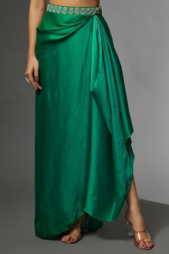 Emerald Green Satin Chiffon Embroidered Draped Skirt Set by Avnni Kapur at Pernia's Pop Up Shop