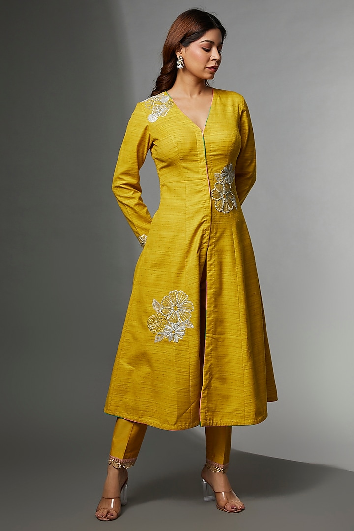 Yellow Textured Silk Embroidered Jacket Set by Avnni Kapur at Pernia's Pop Up Shop