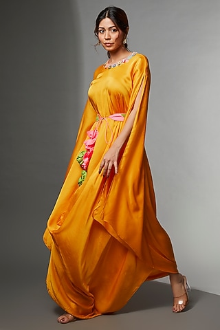 Yellow Modal Satin Embroidered Kaftan by Avnni Kapur