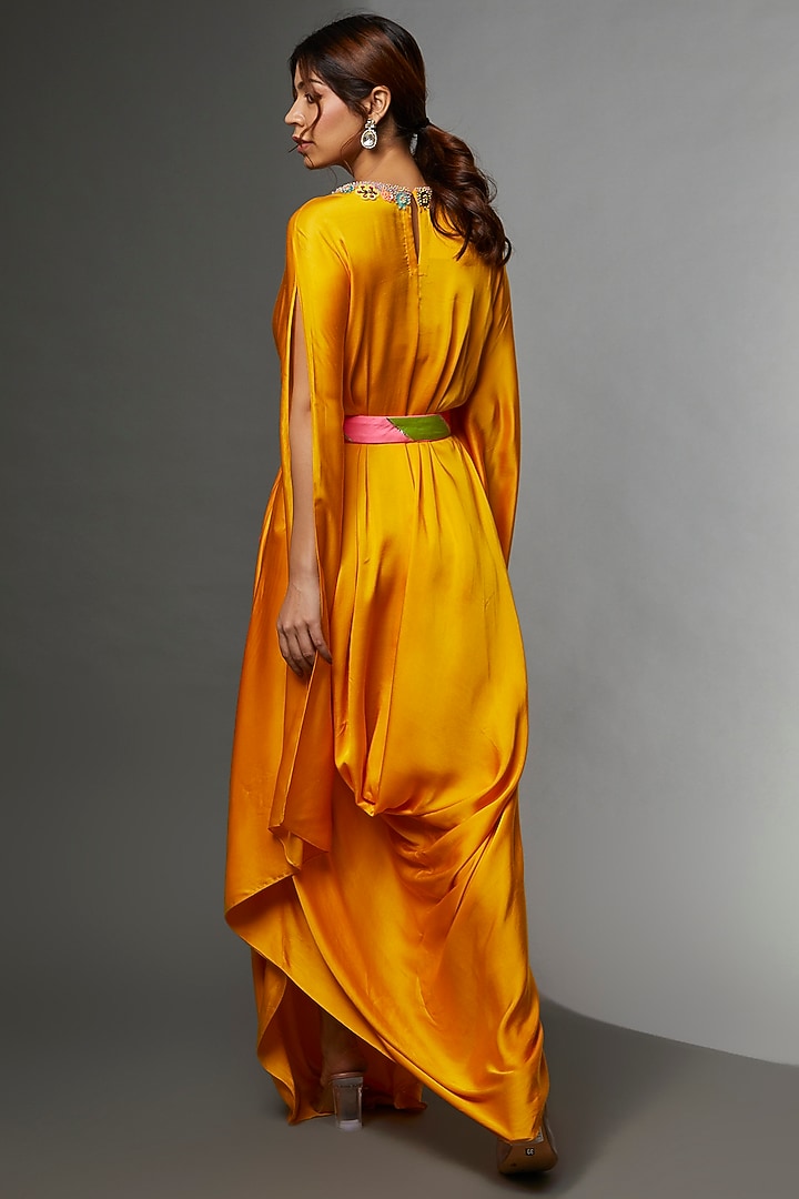 Yellow Modal Satin Embroidered Kaftan by Avnni Kapur at Pernia's Pop Up Shop